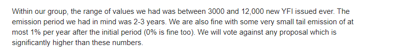 After talking with some folks in yearn discord it was flagged for me this vote likely wont meet the 33% quorum. I was likely WRONG on the supply emission schedule. BTC scarcity meme is here to stay likely regardless. see:  https://gov.yearn.finance/t/yfi-whale-proposals-list/348