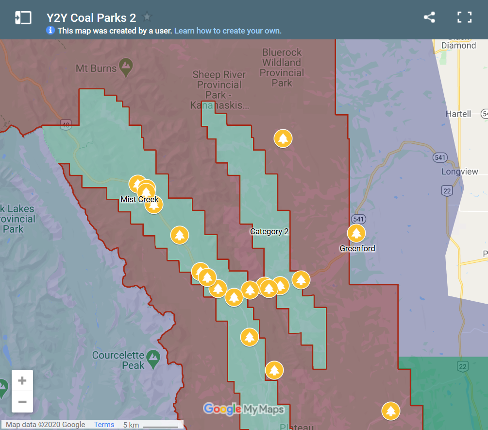 Map showing extensive bands of former Coal Category 2 lands