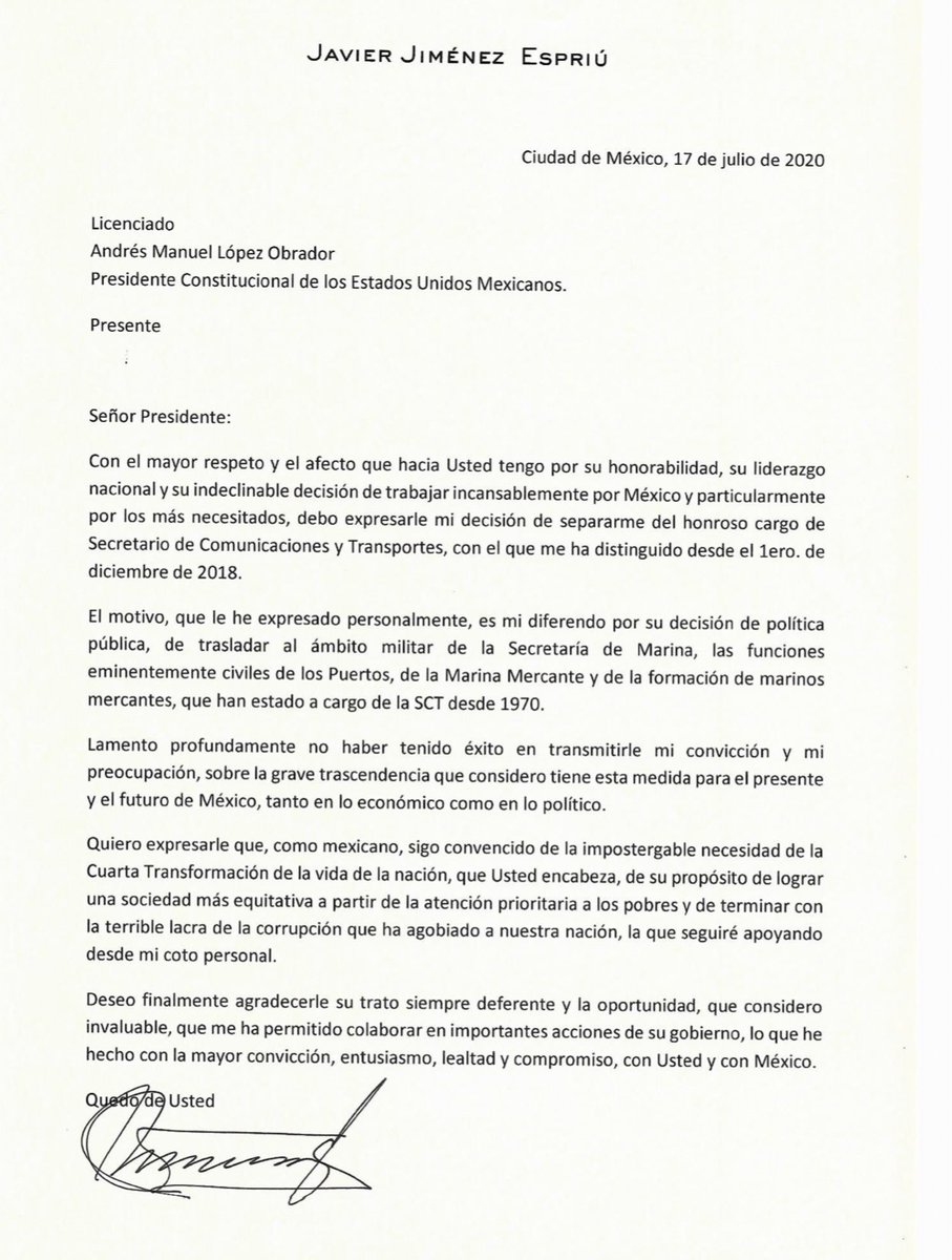CarlosLoret's tweet photo. “Lamento profundamente no haber tenido éxito en transmitirle mi convicción y mi preocupación, sobre la grave trascendencia que consideró tiene la medida”: @JimenezEspriu en su carta renuncia a @lopezobrador_ https://t.co/UUFBHGAuGx