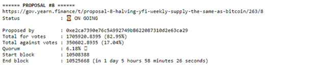 The outstanding question is how this affects the supply going forward. This is the current leading proposal. Essentially the argument is to take the BTC halving meme and apply it into DeFI through yieldfarmings new darling governance token. This vote is likely to pass.8
