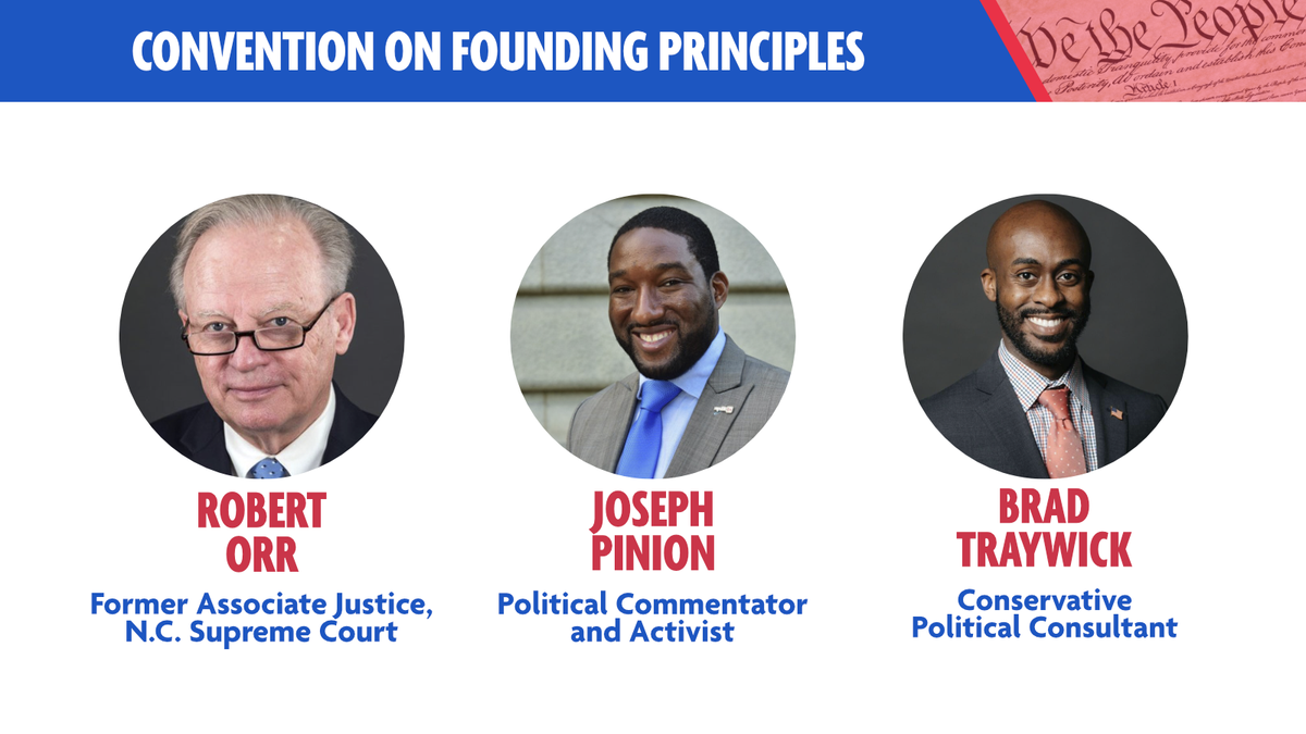 PrinciplesCon's tweet photo. What do you get when you bring Fmr Associate Justice, N.C. Supreme Court @JudgeBobOrr, Political Commentator and Activist @JosephPinion, and Conservative Political Consultant Brad Traywick together? 

The Convention on Founding Principles! #CFP2020 https://t.co/bpnBLcmHZI