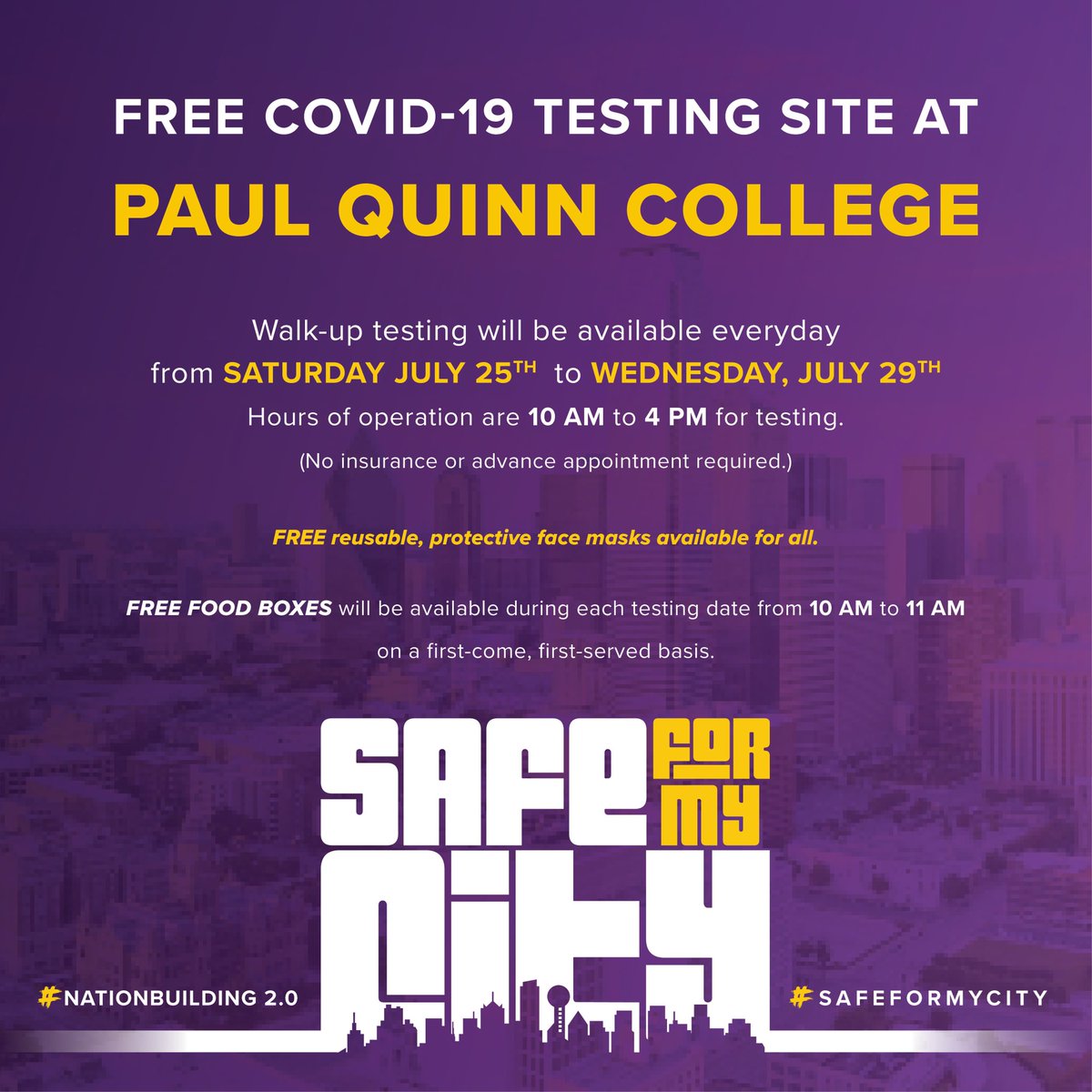PaulQuinn1872's tweet photo. Starting this Saturday morning, July 25th, we will be testing everyday for COVID-19 until Wednesday, July 29th. 

Yes, FIVE DAYS STRAIGHT OF
FREE Testing &amp; FREE Food Boxes from 10am-4pm! See you there! #SafeForMyCity

[RT To Share] https://t.co/3yXXUGqfQN