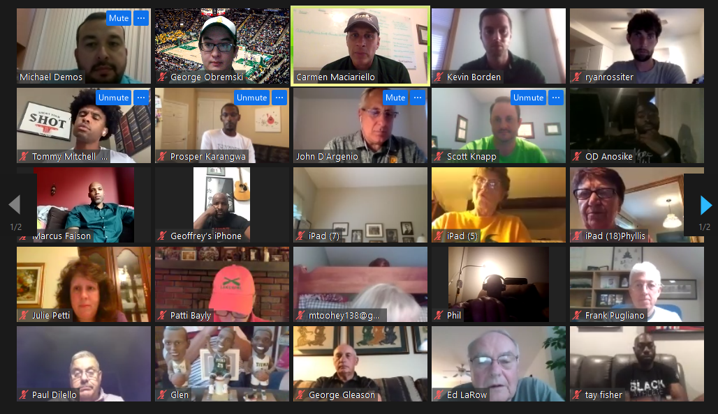 SienaMBB's tweet photo. THANK YOU #SienaSaints legends @scottknapp12, @GeoffWalkerLA, @RdotMoore25, @Rossiter22, @Anosike_1, @TMITCHIV, @FaseFaison, Dwayne Archbold, Prosper Karangwa, and Tay Fisher for joining us on a zoom call with some of our most loyal supporters last night!

#OnceASaintAlwaysASaint https://t.co/whUCpqIPkk