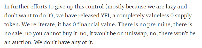 Best to conclude with a huge thank you to @AndreCronjeTechfor this experiment and the  @iearnfinance community for carrying it forward in true crypto fashion. But regardless of this, please remember: YFI is a governance token with literally zero value. 19/19