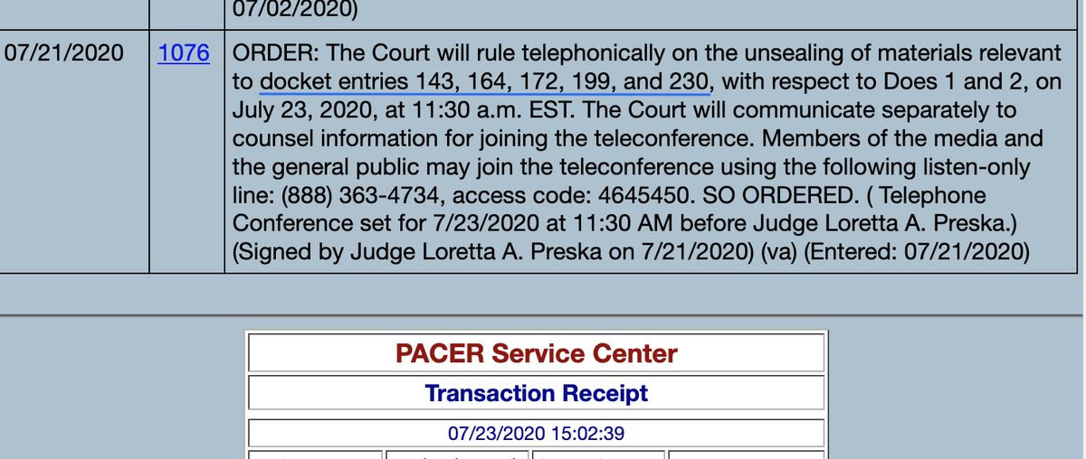 Okay.Let's take a quick look at the docket.Ghislaine MaxwellVirgina GiuffreMiami HeraldCivil Docket #: 1:15-cv-07433-LAP[Related Case: 1:17-mc-00025-RWS]Today's decisionunsealingItem #143Item #164Item #172Item #199Item #230