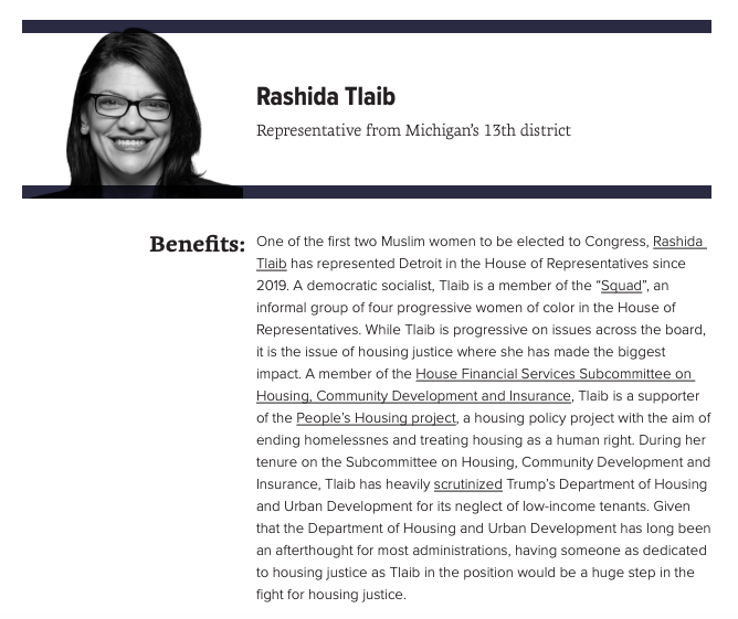 For the position of Secretary of Housing and Urban Development, Data for Progress recommends that  @RepChuyGarcia, Rep.  @RashidaTlaib,  @NLIHC President and former HUD official  @DianeYentel, NLCHP Director  @MariaFoscarinis, and Jackson Mayor  @ChokweALumumba be considered.