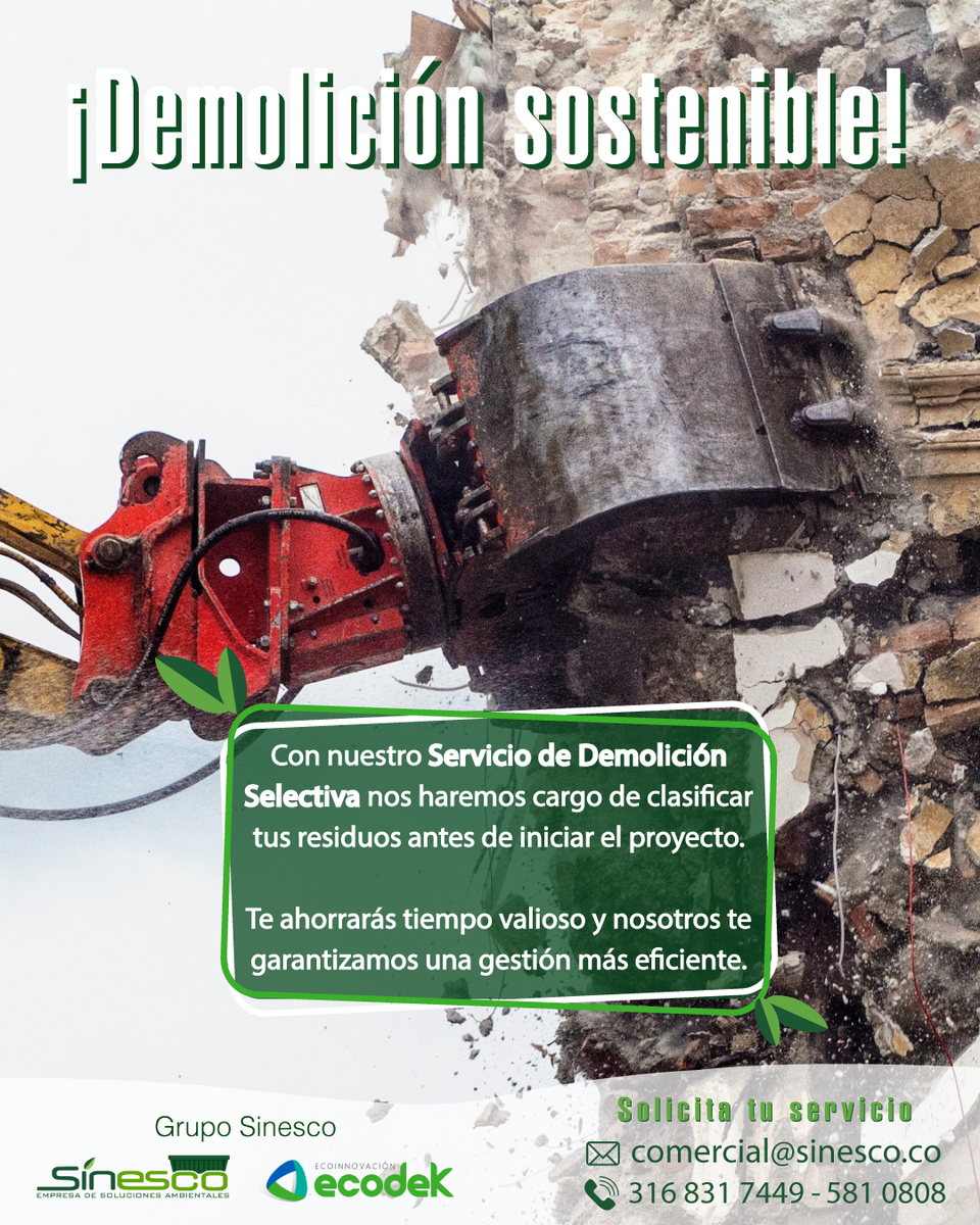 Sinesco_SAS's tweet photo. La #Demolición Selectiva te garantiza un comienzo de obra #ecosostenible, con una clasificación de tus #RCD desde el origen que permite su gestión de una manera más ágil y eficiente. Para mayor información, contáctanos o ingresa a nuestro sitio web.
#CambiemosElMundo #Escombros https://t.co/tS9lvnkDPE