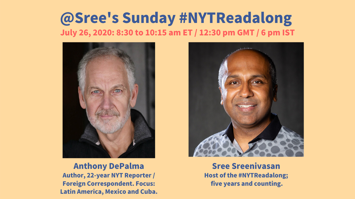 1/x  @Sree's guest on this week's  #NYTReadalong:  @depalman, fmr NYT Foreign Correspondent; author of The Cubans and The Man Who Invented Fidel.Watch live 8:30am ET or later:FB:  https://www.facebook.com/sreenet/videos/10105343937682842/YT:  https://www.youtube.com/playlist?list=PLpcj64uXCCR-TTeP4RrCnF9pAYutl4iuLLI:  https://readalong.link/anthonydepalma-linkedinTW: (Live on Sunday)