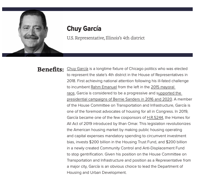 For the position of Secretary of Housing and Urban Development, Data for Progress recommends that  @RepChuyGarcia, Rep.  @RashidaTlaib,  @NLIHC President and former HUD official  @DianeYentel, NLCHP Director  @MariaFoscarinis, and Jackson Mayor  @ChokweALumumba be considered.