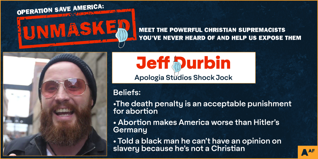 OSAUnmasked's tweet photo. We’ve got another bad dude for you today! Meet Jeff Durbin, Operation Save America’s bearded shock jock. He’s a producer at Apologia Studios, which is kind of like “The 700 Club,” but for lonely millennials and men’s rights beardos. #OSAunmasked https://t.co/hbb4gmMPZ3