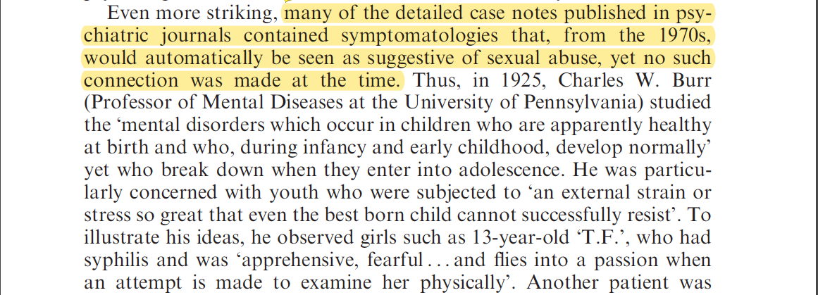 A 13-year-old girl who started "acting up" during adolescence, freaks out when a strange man touches her, and has syphilis did not ring any alarms about sexual abuse for a University of Pennsylvania prof  https://journals.sagepub.com/doi/abs/10.1177/0263276412439406