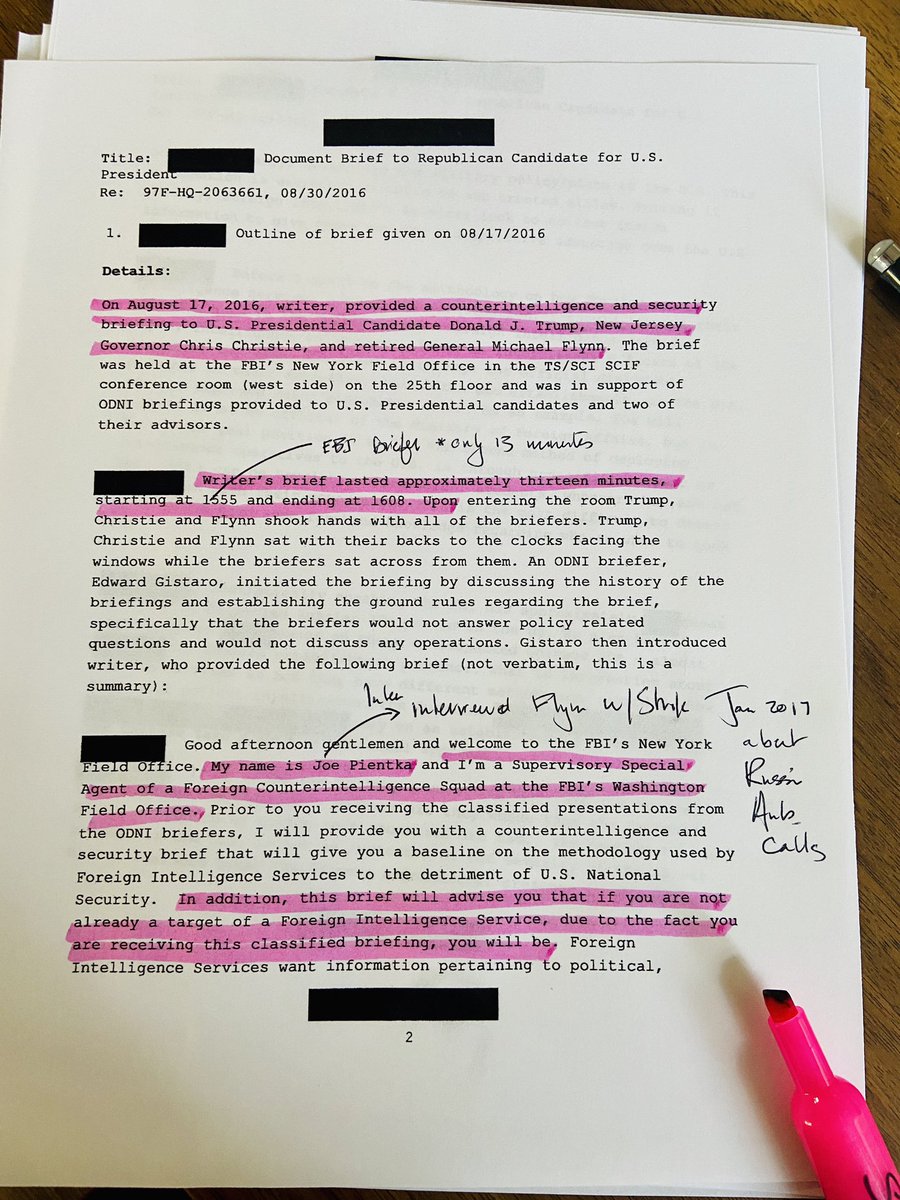 SCOOP: Declassified records from  @DNI_Ratcliffe reveal FBI "counterintelligence + security briefing" to then-candidate Trump,  @GenFlynn  @GovChristie August 17, 2016 -- 17 days after FBI Russia probe "Crossfire Hurricane.” According to docs, this was run through Agents Strzok +