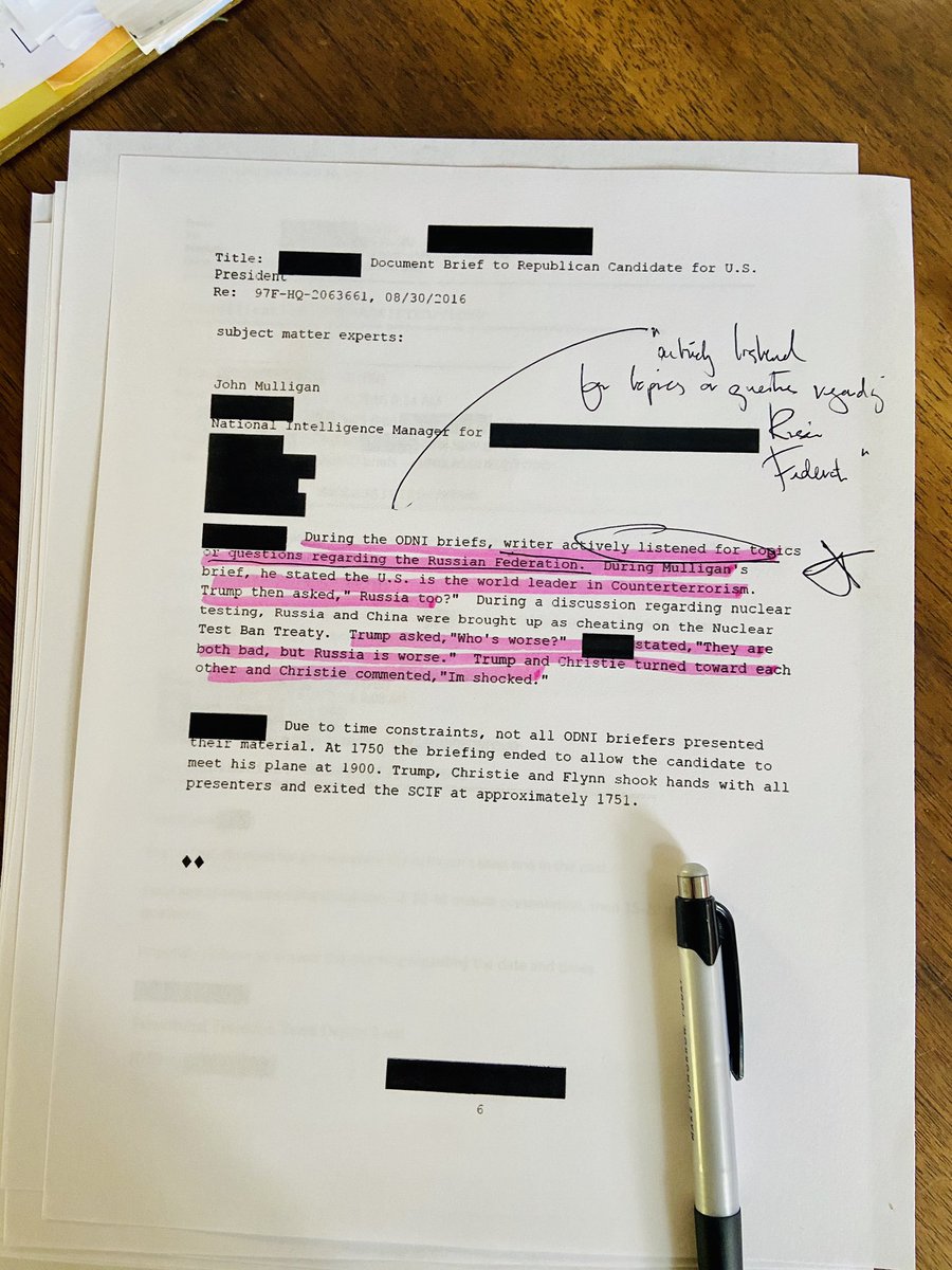 Pientka briefed for about 13 minutes, and then writes, "During the ODNI briefs, writer actively listened for topics or questions regarding the Russian Federation."  @CBSNews