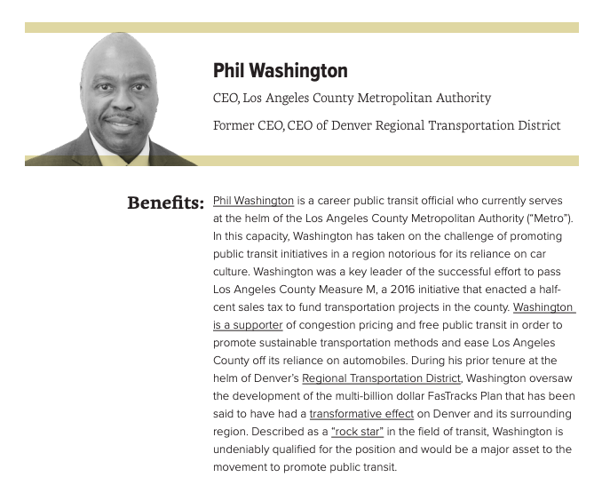 For the position of Secretary of Transportation, Data for Progress recommends that  @T4America Director and ex-DoT Asst. Secretary  @BethOsborneTA,  @RepPressley,  @RepBlumenauer, LA Metro CEO Phil Washington, and former Minneapolis Mayor  @R_T_Rybak be considered.