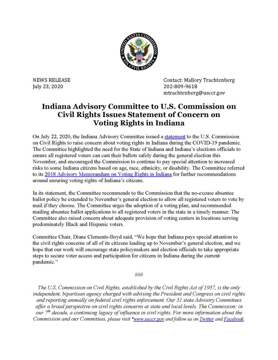 USCCRgov's tweet photo. USCCR State Advisory Committee Press Release
Indiana Advisory Committee Issues Statement on COVID-19 and Voting Rights
#INSAC #USCCRSAC https://t.co/QXzqQifQKT