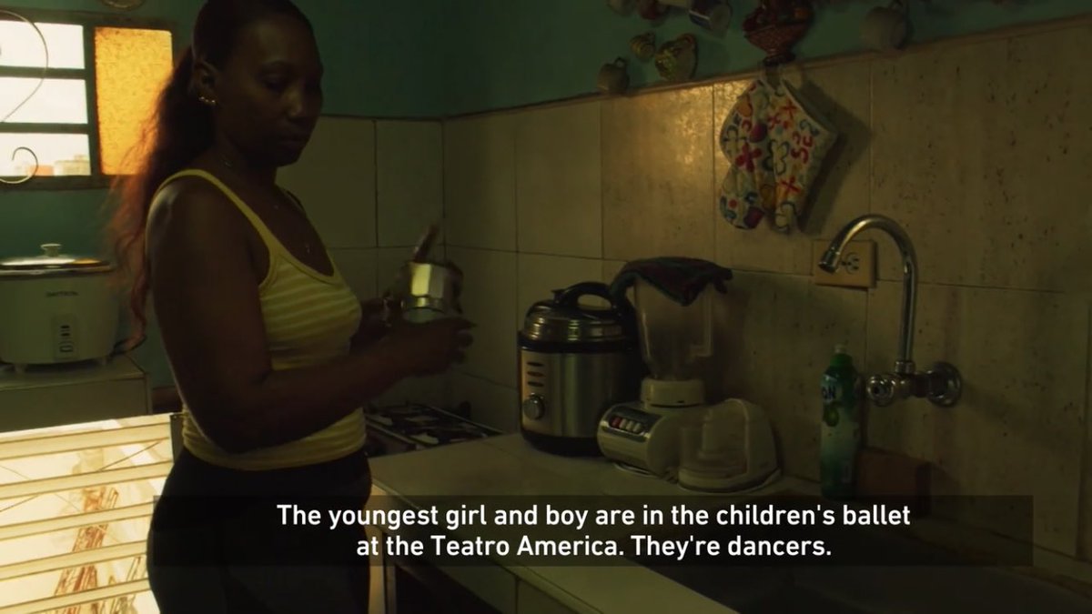 Her children train in a Cuban dance theatre.She didn't get a higher education and she regrets that, but she doesn't blame Cuba's internal politics for her problems.