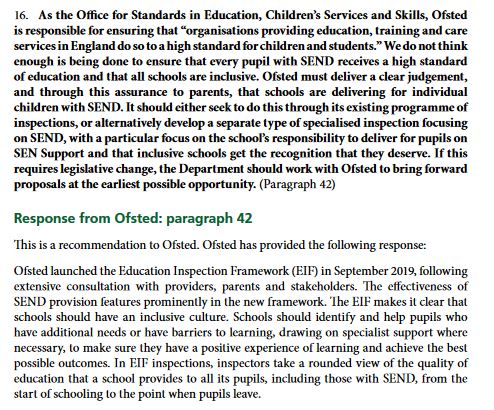 ESC: Ofsted, you aren't checking well enough to ensure that individual schools are delivering on SEND. You need clear judgements on SEND in your reportsOfsted: Fam, our 2019 Education Inspection Framework has SEND covered [dodges question on clear judgements]19/
