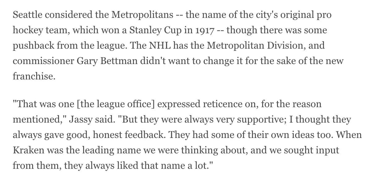 An early leader for the team name was the Seattle Metropolitans. But in peak NHL fashion, that didn't fly. (2/4)