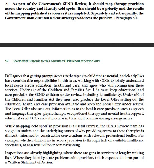 ESC: You need to map 'cold spots' where therapy provision is insufficient, publish your findings, & develop a strategy to address the gapsDfE: The SEND Review is sort-of looking at this. Inspections help us understand [rest of recommendation ignored]21/