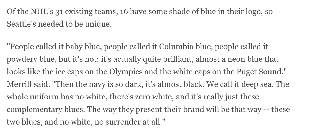 I reported a while ago that Seattle was exploring red and black as its team colors, and thankfully that changed. But seeing as how many NHL teams have some shade of blue in their logos, the Kraken got creative: (3/4)