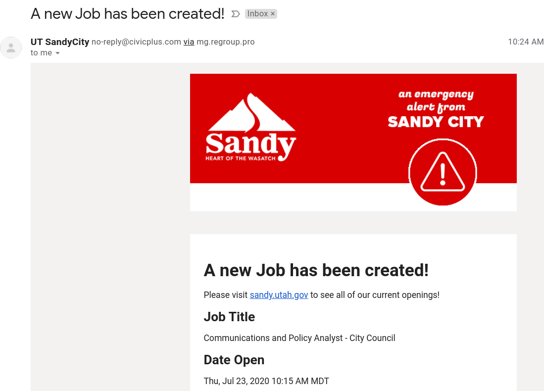 doswaldslc's tweet image. @sandycityutah Job postings are not emergencies. This email went to everyone who has opted in to emergency alerts, even if we have opted out of job postings.