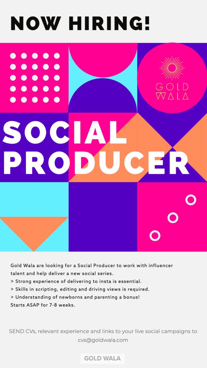 NOW HIRING! 
Social Producer to work with influencer talent and help deliver a new social series

&gt;Strong experience of delivering to insta is essential
&gt;Exp in scripting, editing &amp; driving views
&gt;Understanding of newborns and parenting a bonus

Role is WFH / remote