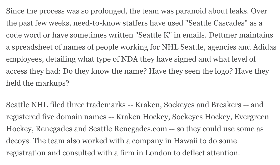 Finally, kudos to  @NHLSeattle_ for keeping the Kraken name and colors under wraps for as long as they did. (And to all the reporters that kept their lips zipped on it yesterday so as not to spoil the fun.) Here's how they flooded the zone with some red herrings.