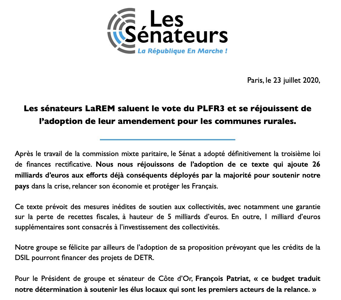 ✅ Le #PLFR3 est adopté : 26 milliards supplémentaires pour relancer notre économie et protéger les Français !

Nous nous réjouissons de ce vote et de l’adoption de notre amendement en faveur des communes rurales ⤵️