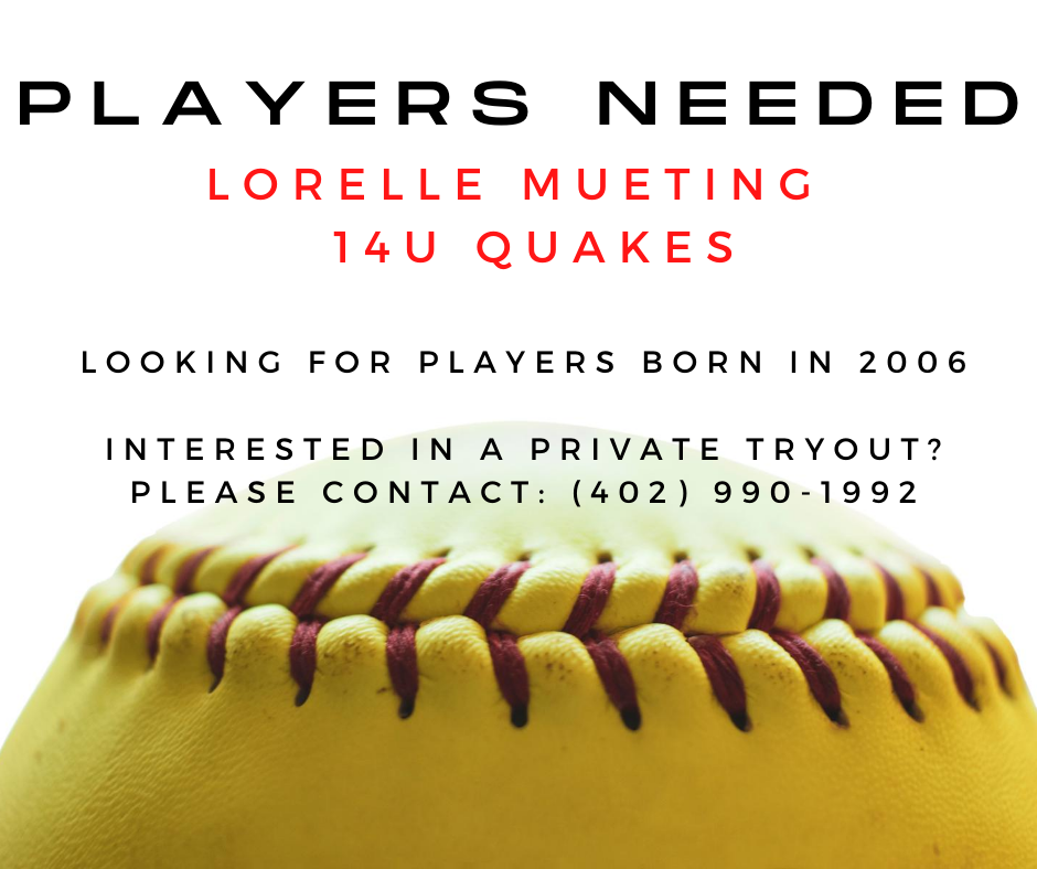 NEQuakesSB's tweet photo. We are very excited to announce Lorelle Mueting will be coaching a 14U Quakes team next season! She is looking for players born in 2006. If interested in a private tryout contact Lorelle at 402-990-1992 #goquakes https://t.co/1aiZizNUZh