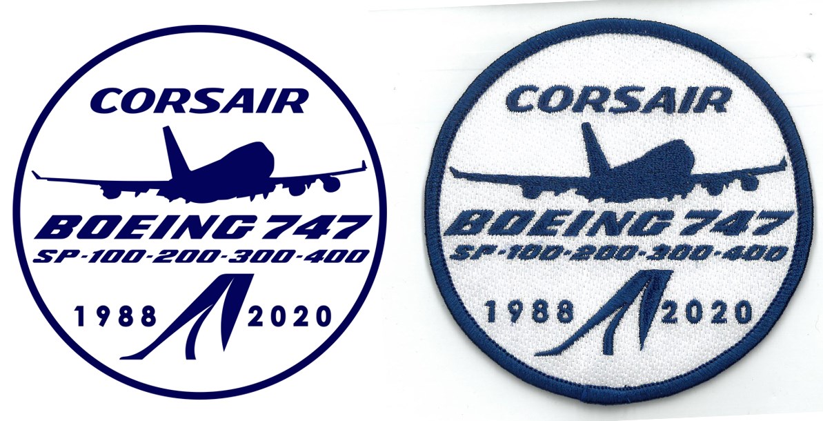 jpmach2's tweet photo. La #QueenOfTheSkies tire sa révérence chez @CorsairFr ça valait bien une banderole et un patch hommage pour la division technique 😎 © design @jpmach2 #ByeBye747 #AvGeek #Corsair https://t.co/tojMUVbtdj