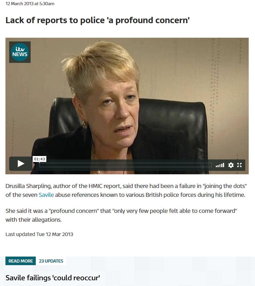 Now, back when Drusilla Sharpling authored the Jimmy Savile report, she was lamenting the lack of dot joining in the police....You can view the video here: https://www.itv.com/news/update/2013-03-12/lack-of-reports-to-police-a-profound-concern/