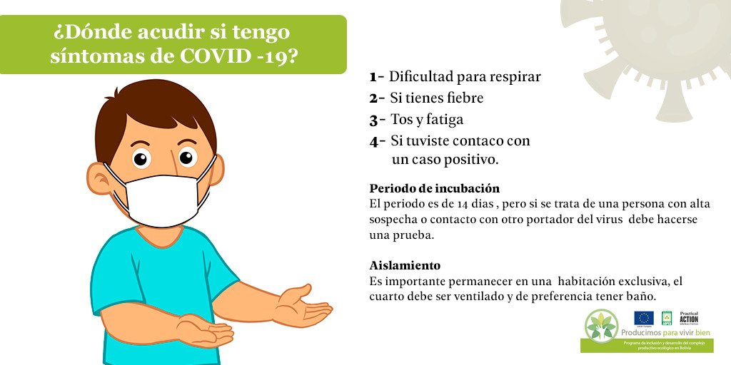 ProdEcologicBol's tweet photo. Si tienes los síntomas del coronavirus lo más importante es aislarse del resto de la familia para evitar más contagios y llamar a la línea gratuita para recibir las indicaciones correspondientes.
#AOPEB #Producimos_Para_Vivir_Bien #UE #PracticalAction #Producción_Ecológica https://t.co/eUnXxmIgGj