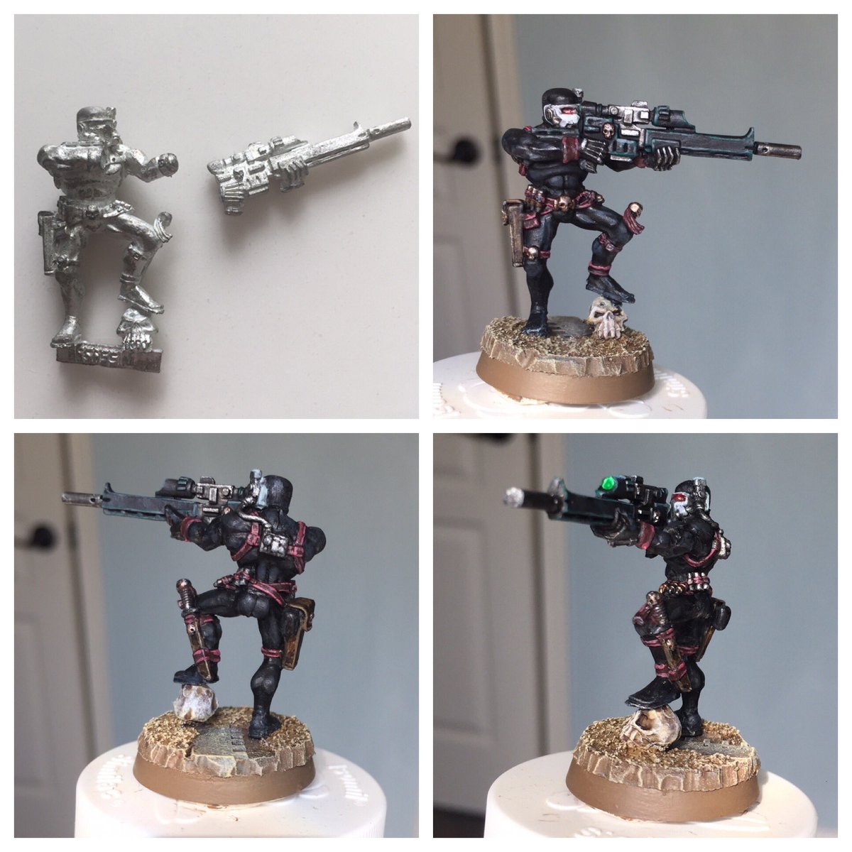 GeoffWightman's tweet image. I rescued this guy from a box of minis buried in my parent’s basement. Finally painting him after 20+ years felt preeetty good. He’ll be headed into battle with my Cadians. #OldSkool #Vindicare #ExitusActaProbat