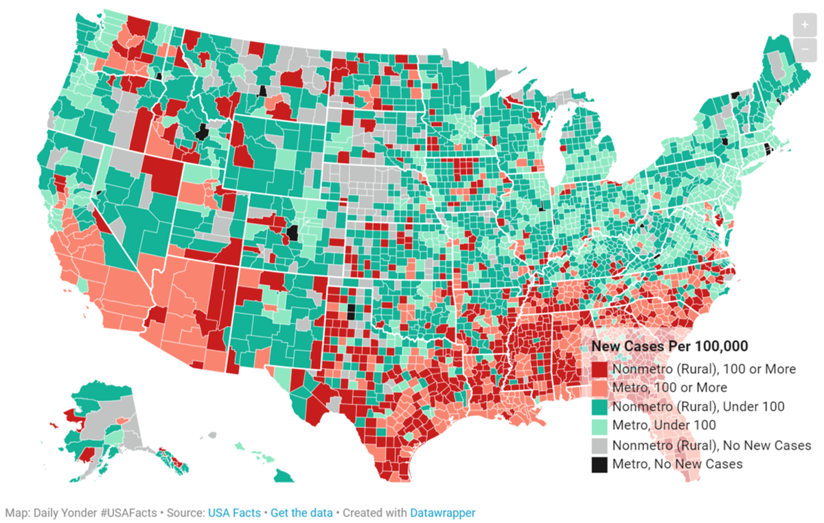 3)Counties in pink are ones that have at least one small urban areas with a new daily case level above <1000>. Counties in red are <rural> areas above 1000.Once your factor out Greater NYC, you can tell the virus is pretty equal opportunity so far as political alignments go.