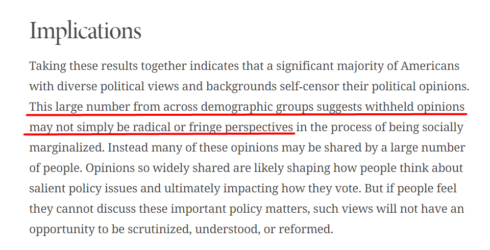 We can't fix what can't be discussedWhich is exactly what the extreme left wants/end https://www.cato.org/publications/survey-reports/poll-62-americans-say-they-have-political-views-theyre-afraid-share#implications