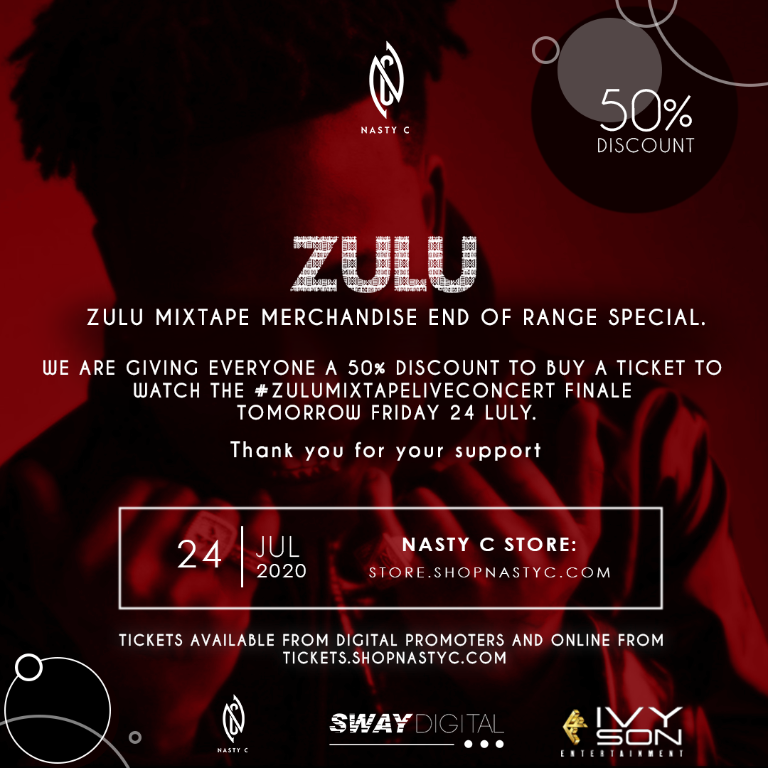 ShopNastyC's tweet photo. Thank you 4 all ur support since @Nasty_CSA's ZULU Mixtape drop, the past month saw over 8 million plays on Audiomack, several tickets sold for the #NastyCZuluMixtapeLiveConcert online &amp; sold significant amounts of items from the ZULU merch range! 50% off  https://t.co/Lsm2xS8shS https://t.co/lGn4i4vtCm