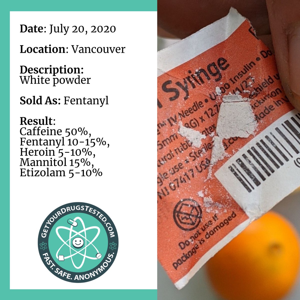 ***DRUG ALERT FOR VANCOUVER***
Another dangerous cocktail containing etizolam. Improperly dosed, the user could wind up blacked out or passed out, unaware of their surroundings with no memory of the time that had elapsed since consumption. #drugalert #fentanyl #etizolam