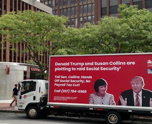 SSWorks's tweet photo. We’re in Maine with @taxmarch sending @SenSusanCollins a message: 

Hands off Social Security, No Payroll Tax Cut! https://t.co/QoEbFzBW9q