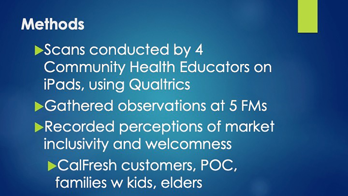 Scans were conducted during October 2019 and November 2019, pre-COVID. Teams of 2 Community Health Educators visited each of 5 markets twice = 4 scans/market..  #foodstudies20  @UCANR  @PetalumaBounty  @VictoryGrower  @UCCESonoma  #CalFresh,  #EnvironmentalScan  #SNAPEdWorks