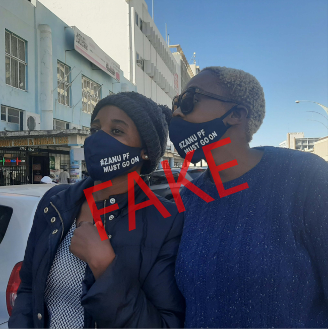 Just looking at the images, it seems pretty clear that the masks with the phrase "ZANU PF MUST GO ON" have been manipulated.