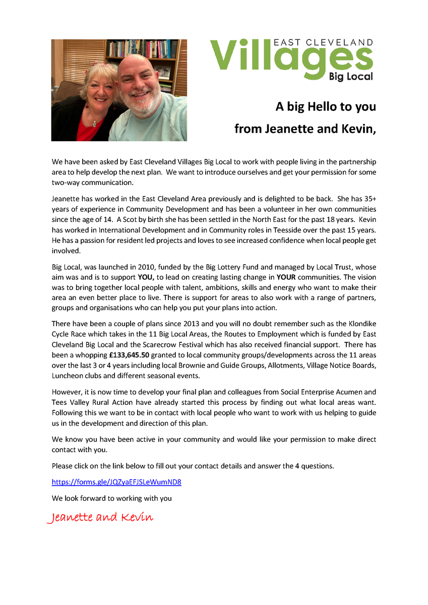TeesValleyRural's tweet photo. On behalf of East Cleveland Villages Big Local an introduction to Kevin &amp; Jeanette with an invite to join discussion for developing the next action plan for the 11 villages of East Cleveland. To get your voice to be heard please use the link to register https://t.co/DTgKd5BkjM https://t.co/QPtPZFwa8t