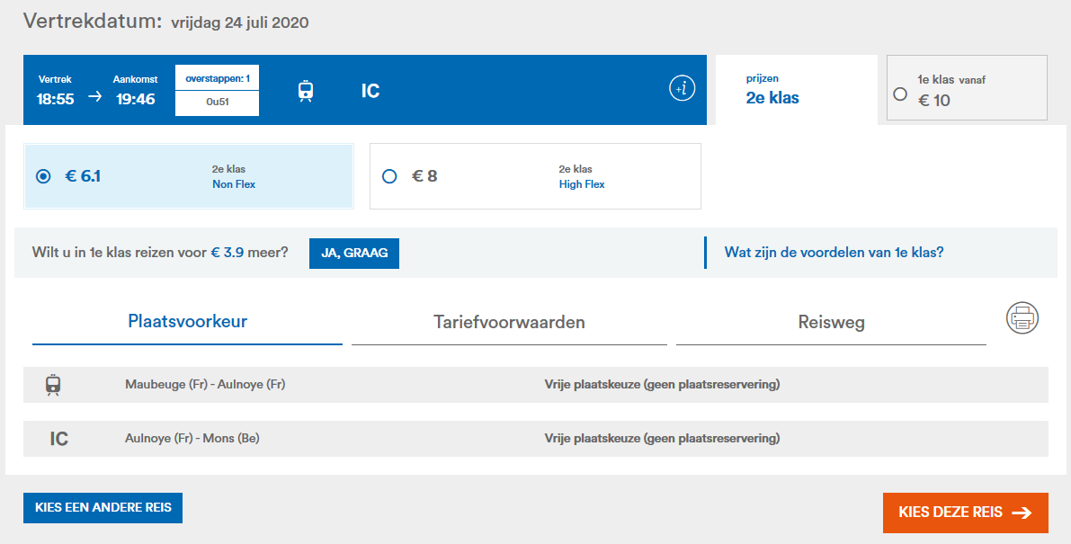 Surprise! At NMBS International I get quoted a cheaper fare, €6,1 -26 and €8 26+. And even more interesting: it routes me from Maubeuge back to Aulnoye-Aymeries before going to Mons using the same train as the previous tickets. Of course, you can just skip the first train...