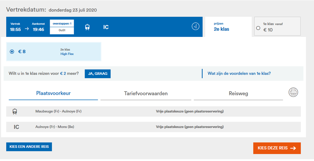 Surprise! At NMBS International I get quoted a cheaper fare, €6,1 -26 and €8 26+. And even more interesting: it routes me from Maubeuge back to Aulnoye-Aymeries before going to Mons using the same train as the previous tickets. Of course, you can just skip the first train...