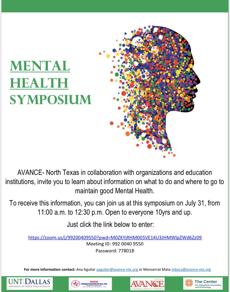 AVANCE, in collaboration with other educational organizations and institutions, invites you to the Mental Health Symposium scheduled on July 31. The virtual event will offer information on maintaining a good mental health. Join us in this free event!   
#dfweducation #avancentx