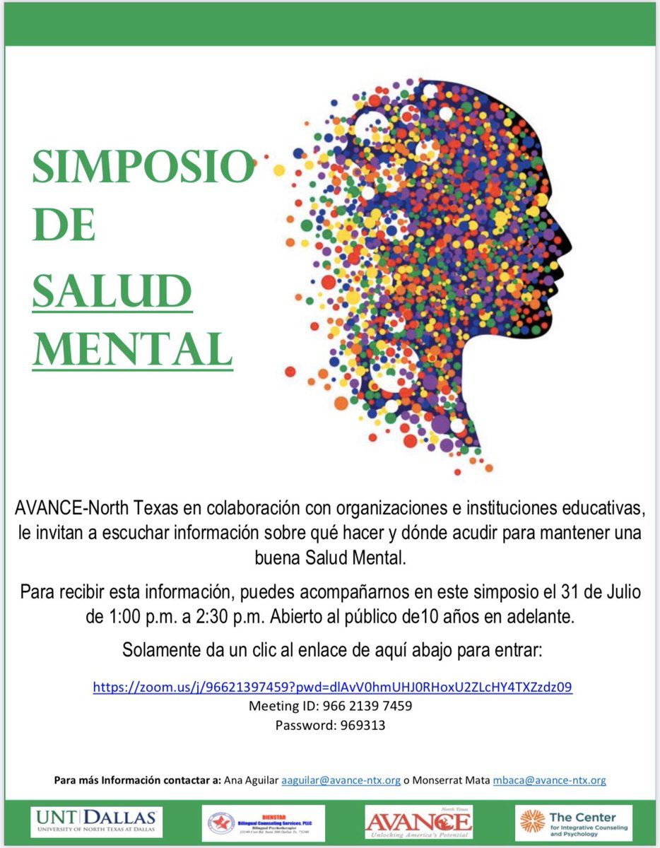 AVANCENTx's tweet photo. AVANCE, in collaboration with other educational organizations and institutions, invites you to the Mental Health Symposium scheduled on July 31. The virtual event will offer information on maintaining a good mental health. Join us in this free event!   
#dfweducation #avancentx https://t.co/CFu2vVlpZi