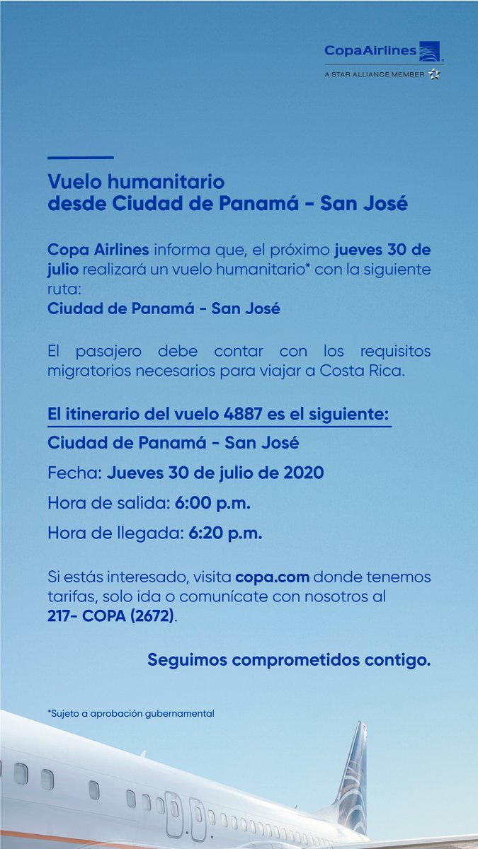 CopaAirlines's tweet photo. IMPORTANTE: Información sobre próximos vuelos humanitarios hacia San José. Pasajeros interesados, favor contactarnos a nuestro Centro de Reservaciones o visitar https://t.co/ZgRFo8MWkq. https://t.co/xJsUICRuW3
