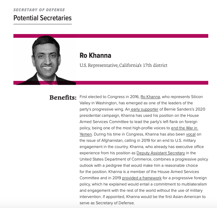 For this reason, Data for Progress recommends that Representative  @RoKhanna, Representative  @RepBarbaraLee, former Assistant Secretary of State  @TMCountryman, and Senator and member of the Armed Services Committee  @SenGillibrand be considered for Secretary of Defense.