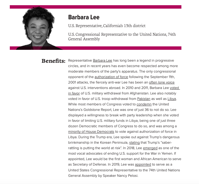 For this reason, Data for Progress recommends that Representative  @RoKhanna, Representative  @RepBarbaraLee, former Assistant Secretary of State  @TMCountryman, and Senator and member of the Armed Services Committee  @SenGillibrand be considered for Secretary of Defense.