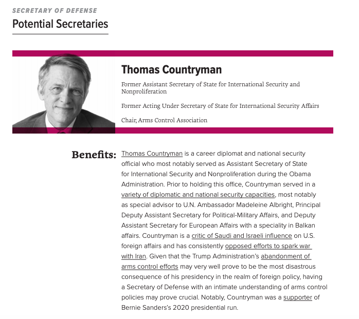 For this reason, Data for Progress recommends that Representative  @RoKhanna, Representative  @RepBarbaraLee, former Assistant Secretary of State  @TMCountryman, and Senator and member of the Armed Services Committee  @SenGillibrand be considered for Secretary of Defense.