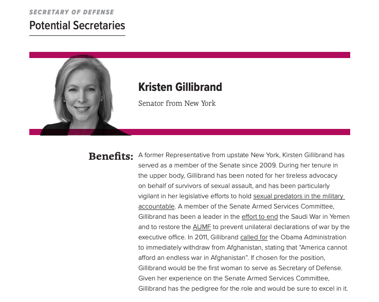 For this reason, Data for Progress recommends that Representative  @RoKhanna, Representative  @RepBarbaraLee, former Assistant Secretary of State  @TMCountryman, and Senator and member of the Armed Services Committee  @SenGillibrand be considered for Secretary of Defense.